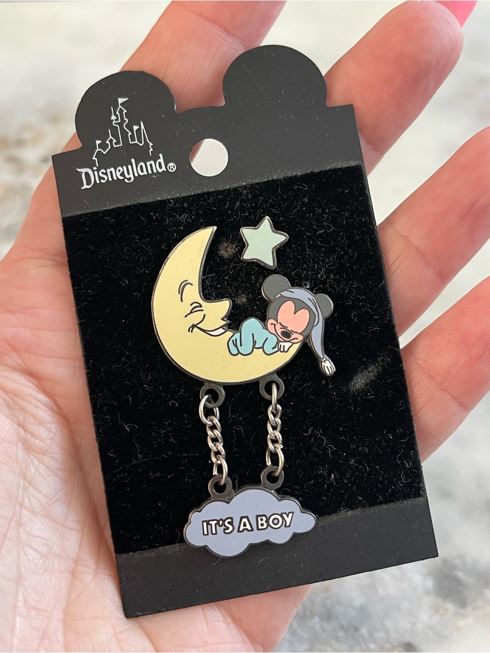 Vintage Disney Pin It's a Boy New Baby Announcement Mickey Star Moon Dangle Set